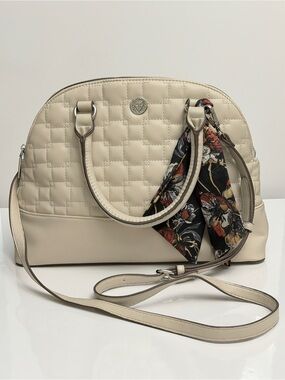 Anne Klein Quilted Dome Satchel Handbag Cream Beige with Scarf Accent